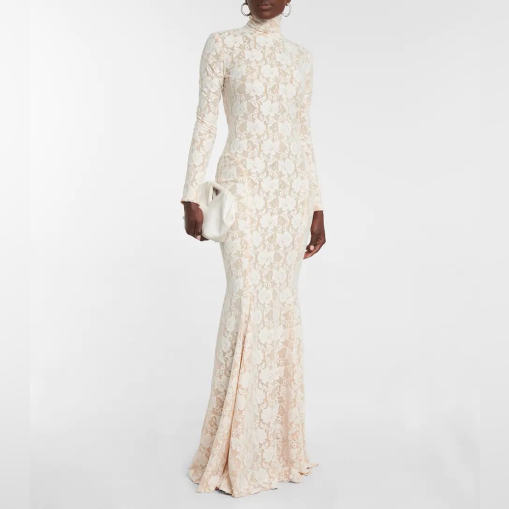 Norma Kamali Long Sleeve Open Back Turtleneck lace dress.